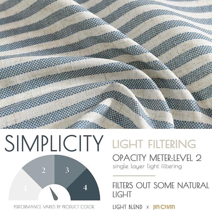 jinchan Tab Top Linen Kitchen Curtains 24 Inches Striped Tier Curtains Farmhouse Modern Cafe Style Small Window Treatments Airy Light Filtering Rod Pocket for Living Room Bathroom 2 Panels Blue