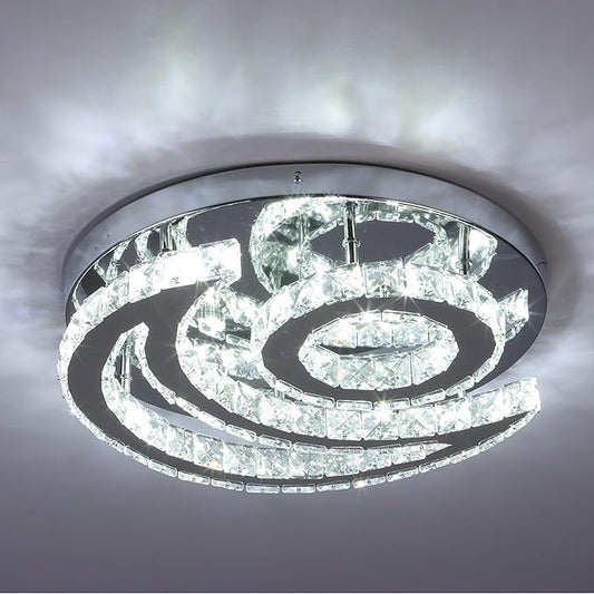 CXGLEAMING 15.7" Crystal Chandelier Modern LED Ceiling Light Moon Shape Crystal Flush Mount Ceiling Lights Fixture for Bedroom Living Room Kitchen Hallway (6500K Cool White)