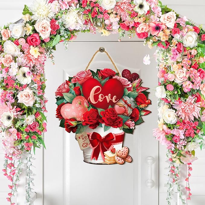 Boao Welcome Valentine's Day Wooden Hanging Sign Farmhouse Door Decor Vintage Valentine's Day Wood Red Love Door Sign Rustic Wall Plaque Ornaments for Window Wall Porch