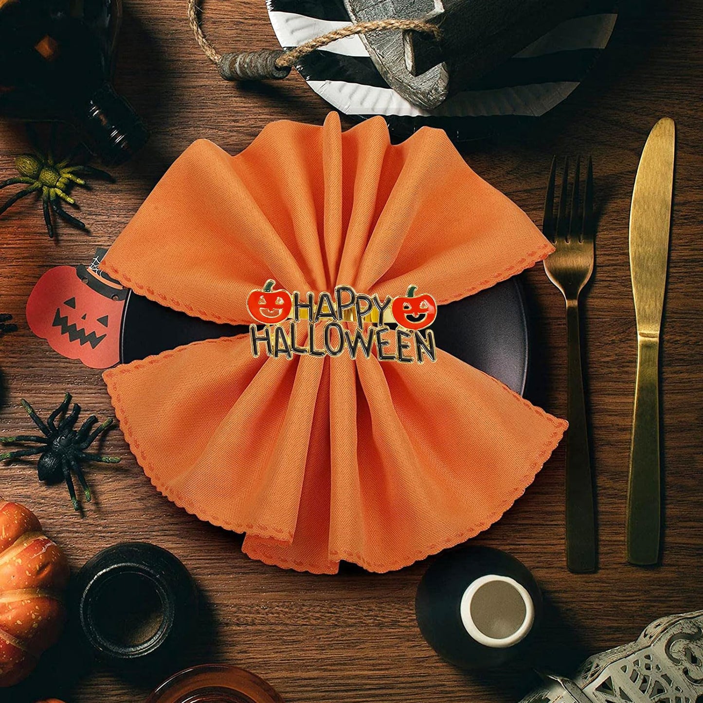Getfitsoo Halloween Napkin Rings Set of 6, Happy Words With Orange Pumpkin Holders, Gold Metal Buckles for Party Decorations, Home Kitchen Dinner Table Setting