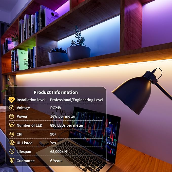 PAUTIX RGBW 4000K COB LED Strip Light 20ft/6.1m,UL Listed 24V Color Changing Tape Lights with 896LEDs/m Multicolor Flexible for TV,Bedroom,Party DIY Decoration(Power Supply & Controller Not Included)