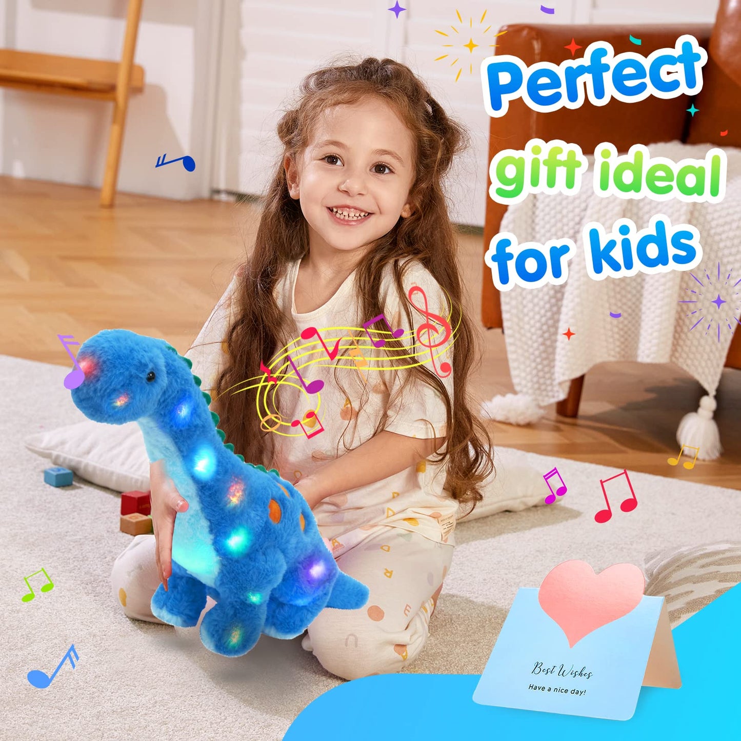 Houwsbaby 14" Blue Musical LED Dinosaur Stuffed Animal Floppy Diplodocus Plush Toy Singing Light Up Adorable Long Neck Lullaby Animated Soothe Baby Birthday Christmas Halloween for Kids Boy Toddlers