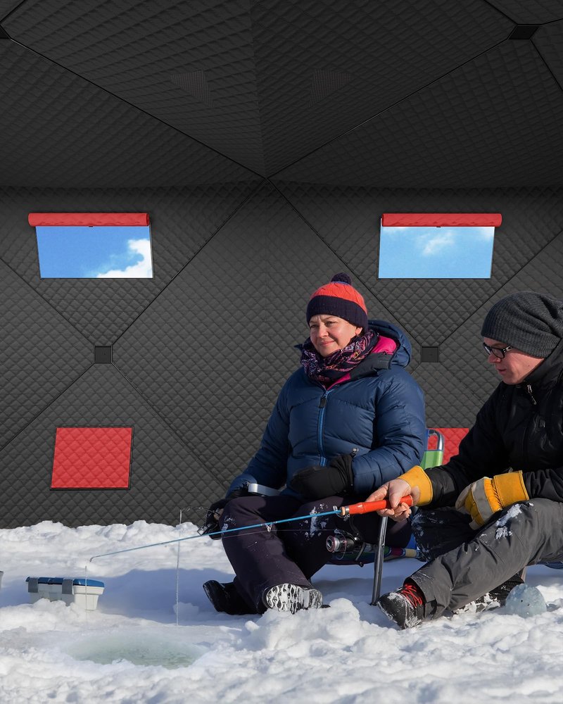 FinerFurnis Insulated Pop-Up Ice Fishing Tent for 6-8 Persons – Portable Winter Shelter – Windproof & Warm – Zippered Door, Anchors, Carry Bag – Large Size for Group Ice Fishing