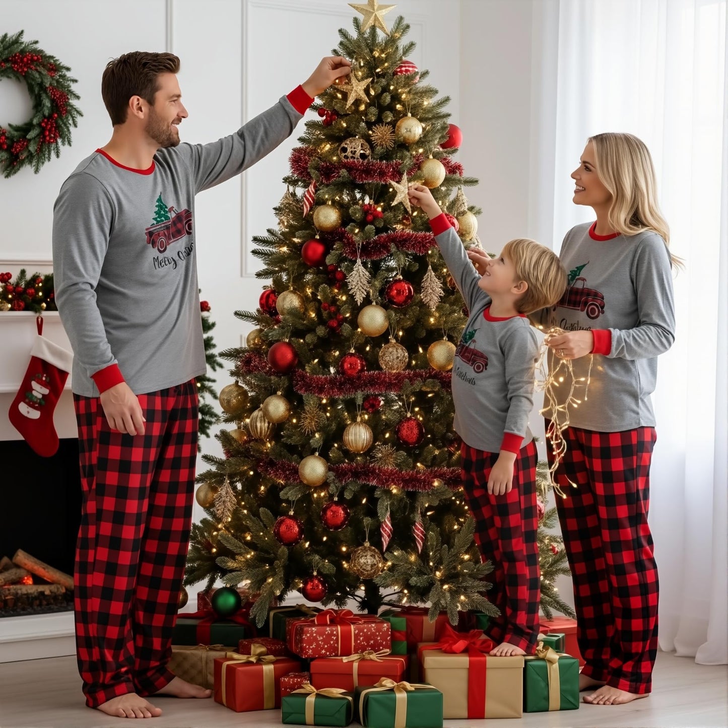 IFFEI Matching Family Pajamas Sets Christmas PJ's Sleepwear Truck Print Top and Plaid Pants with Pocket 6-7 Years