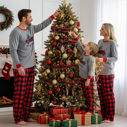 IFFEI Matching Family Pajamas Sets Christmas PJ's Sleepwear Truck Print Top and Plaid Pants with Pocket 6-7 Years