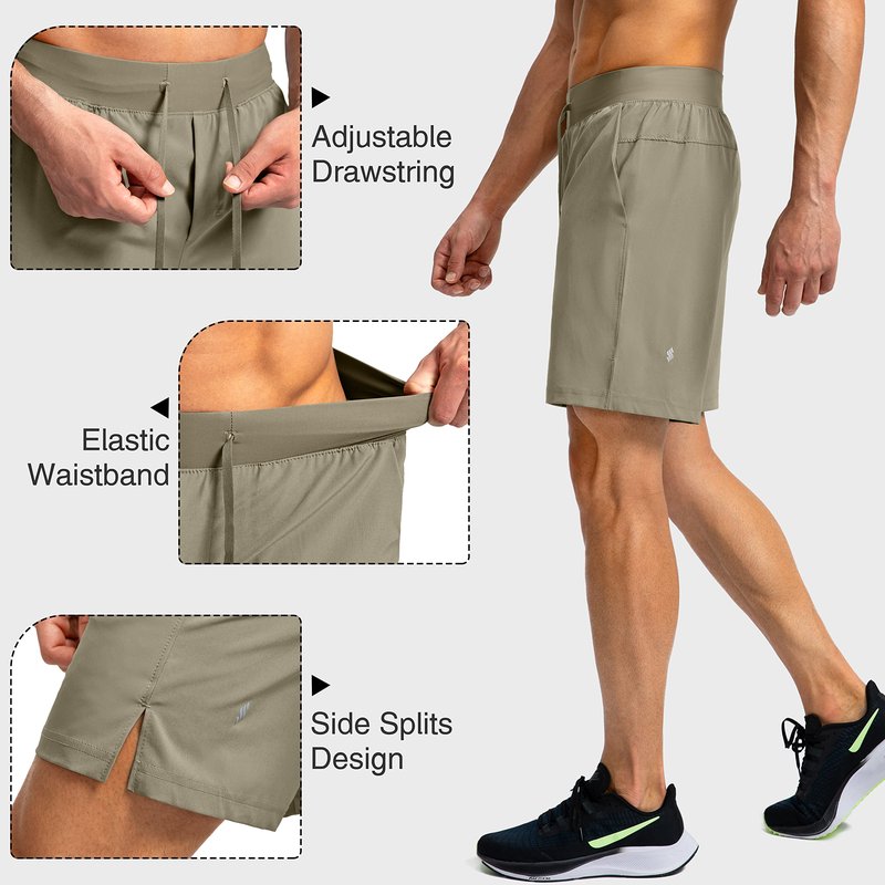 Soothfeel Men's Running Shorts with Zipper Pockets 7 Inch Lightweight Quick Dry Gym Athletic Workout Shorts for Men (Dusty Khaki, M)