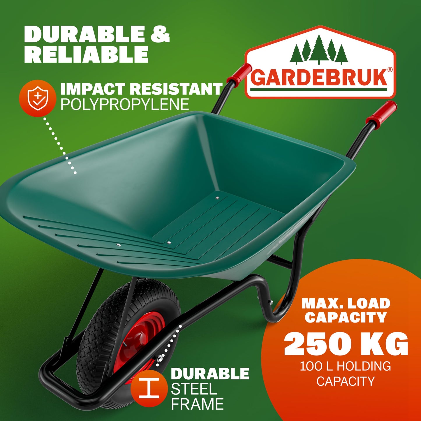 GARDEBRUK® Heavy Duty Garden Wheelbarrow | 100L 250KG | Pneumatic Tyre | Steel Rim | Impact-Resistant Polypropylene Tub | Strong Large Transport Trolley Handcart Wheel Barrow | Green & Black
