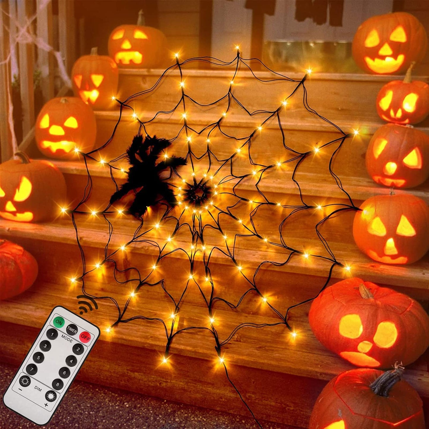 Halloween Decorations Spider Web Lights - 4FT Diameter 70 LEDs with Black Spider, Waterproof Net Lights, Remote Control, 8 Modes Cobweb Halloween Decorations for House Garden Indoor Outdoor (Orange)