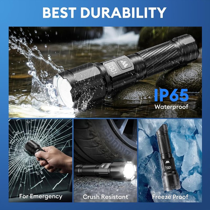 Rechargeable Flashlights - High Lumens LED Tactical Flashlight with LCD Power Display | Zoomable, 15H+ Runtime, IP65 Waterproof for Home & Camping