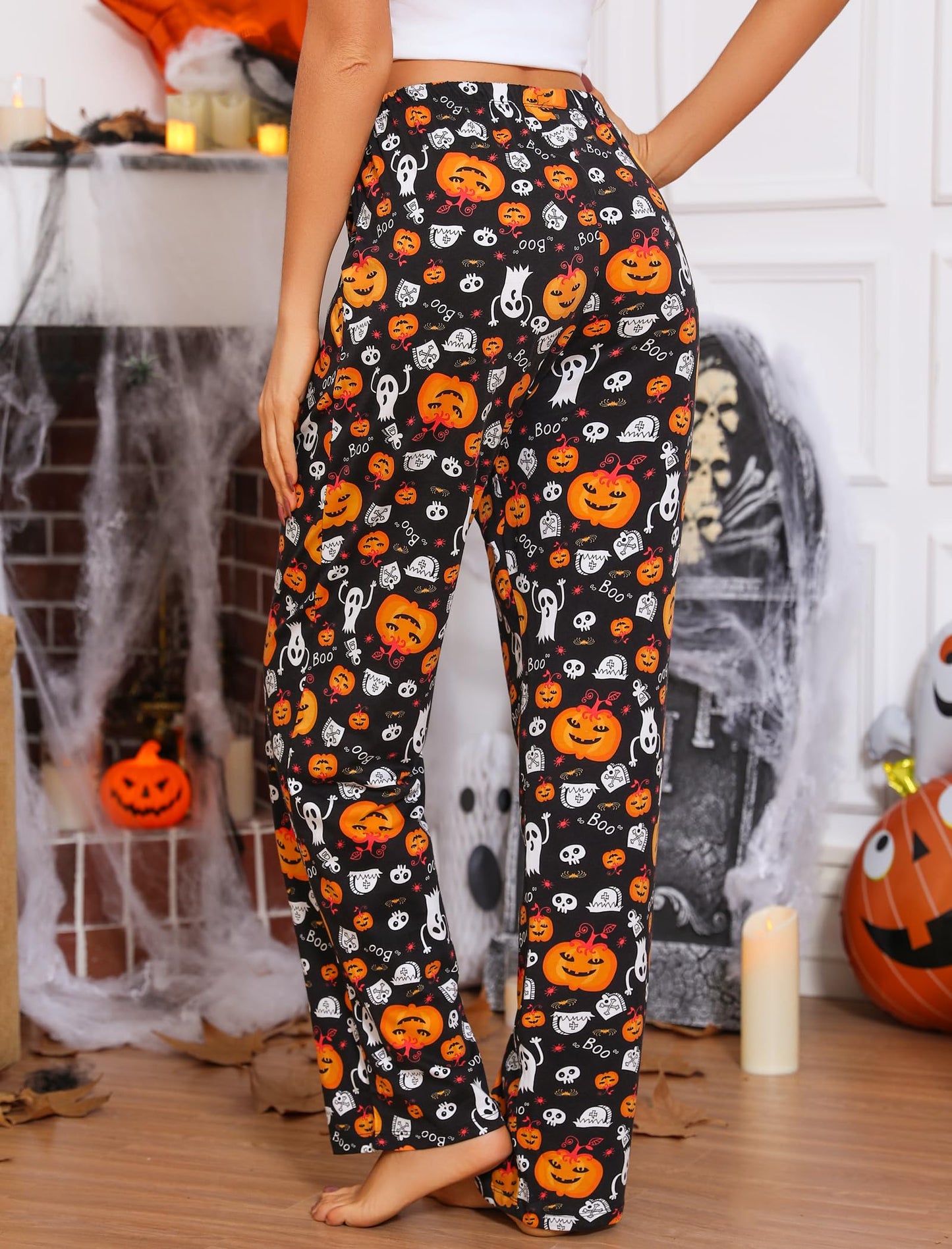 ENJOYNIGHT Women Cotton Lounge Pants Comfy Pajama Bottoms With Pockets&Drawstring(Black Pumpkin, Medium)