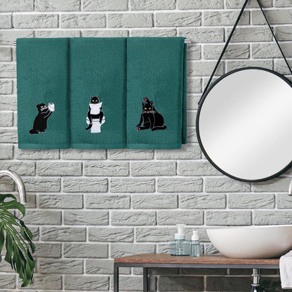 FuWeave 3 Pcs Cat Hand Towels for Bathroom Decor Funny Embroidered Black Cat Halloween Decorative Dark Green Bath Dish Towels for Bathroom Kitchen Decor, 100% Cotton, 13.3 x 29.5''