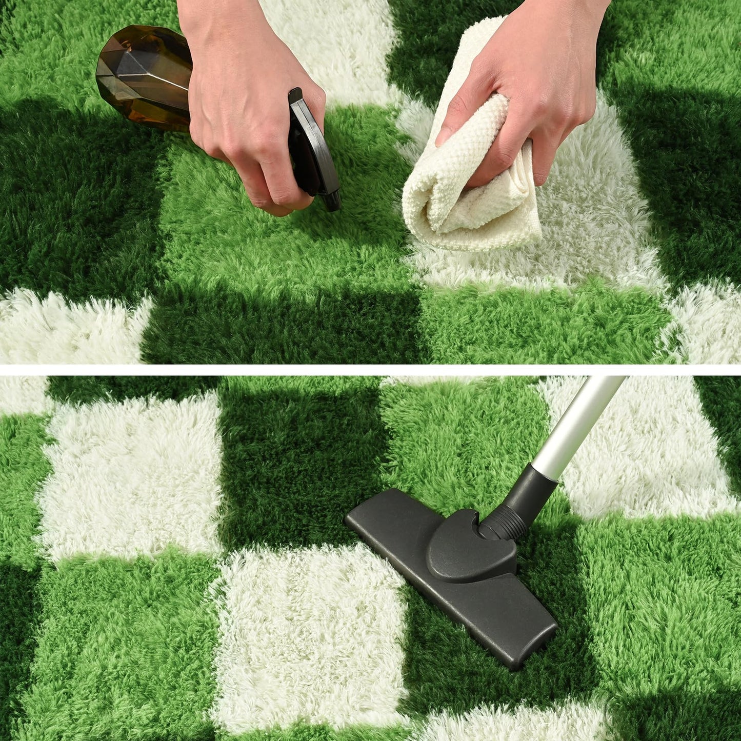 FALARK Fluffy Deep Green White Rugs for Bedroom, 4x6 Feet Checkered Rug for Living Room, Cute Shag Carpet for Kids Girls Room Nursery, Soft Shaggy Modern Indoor Carpets for Home Decor