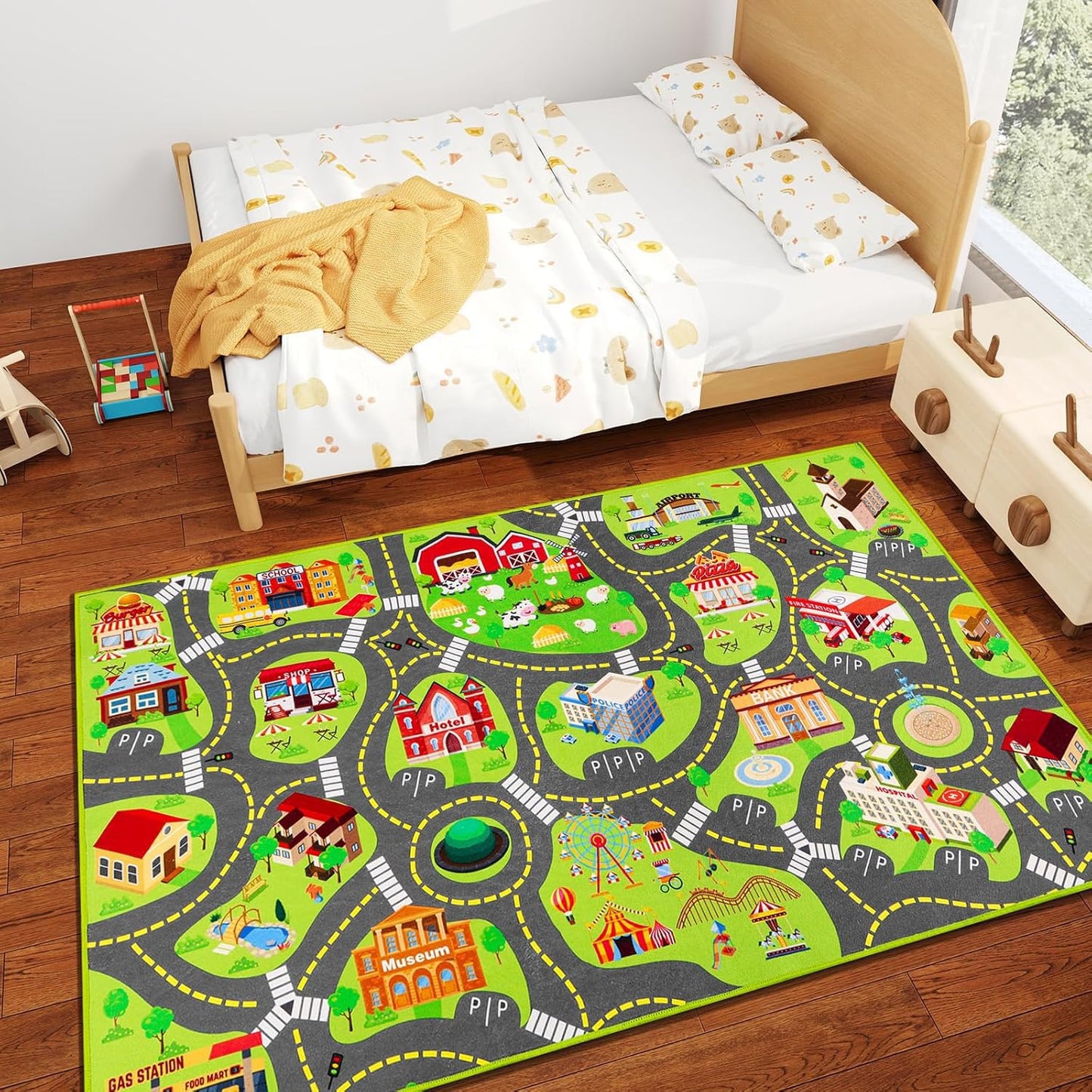 Kids Car Rug Play Mat, Non Slip City Road Carpet for Kids Toy Cars, Car Track Rug Play Mats for Floor, Educational Vehicle Rugs for Playroom Bedroom Kids Room, Machine Washable (60"X36", A)