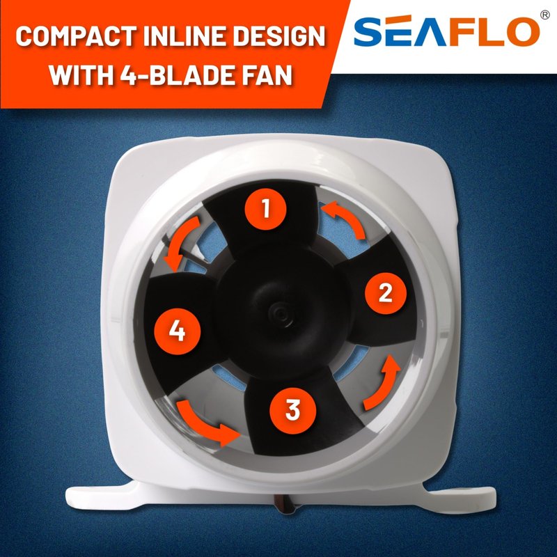 SEAFLO 3" In-Line Marine Bilge Air Blower - 12V, 130 CFM, 2.5A Max Draw, 4-Blade Fan, Ultra-Quiet Operation, White, 3 Inch for Yacht/Sailboat/Boat - ISO 8846, CE & RoHS Certified - 4-Year Warranty
