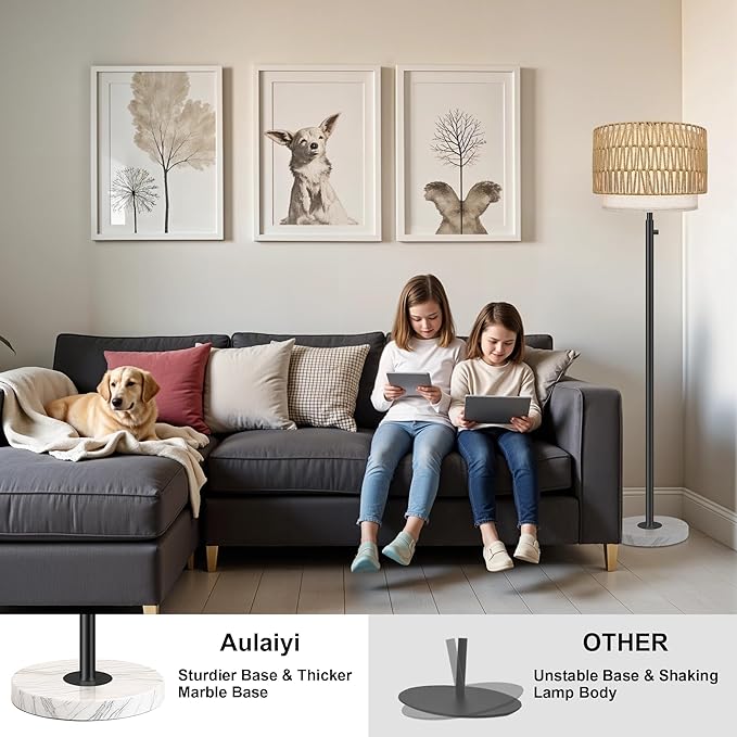 Floor Lamp for Bedroom,Rattan Floor Lamp,Modern Standing Lamp with Marble Base,Dimmable Standing Lamp for Bedroom, Reading,Office & Kids' Room,LED Bulb Included(Rattan)