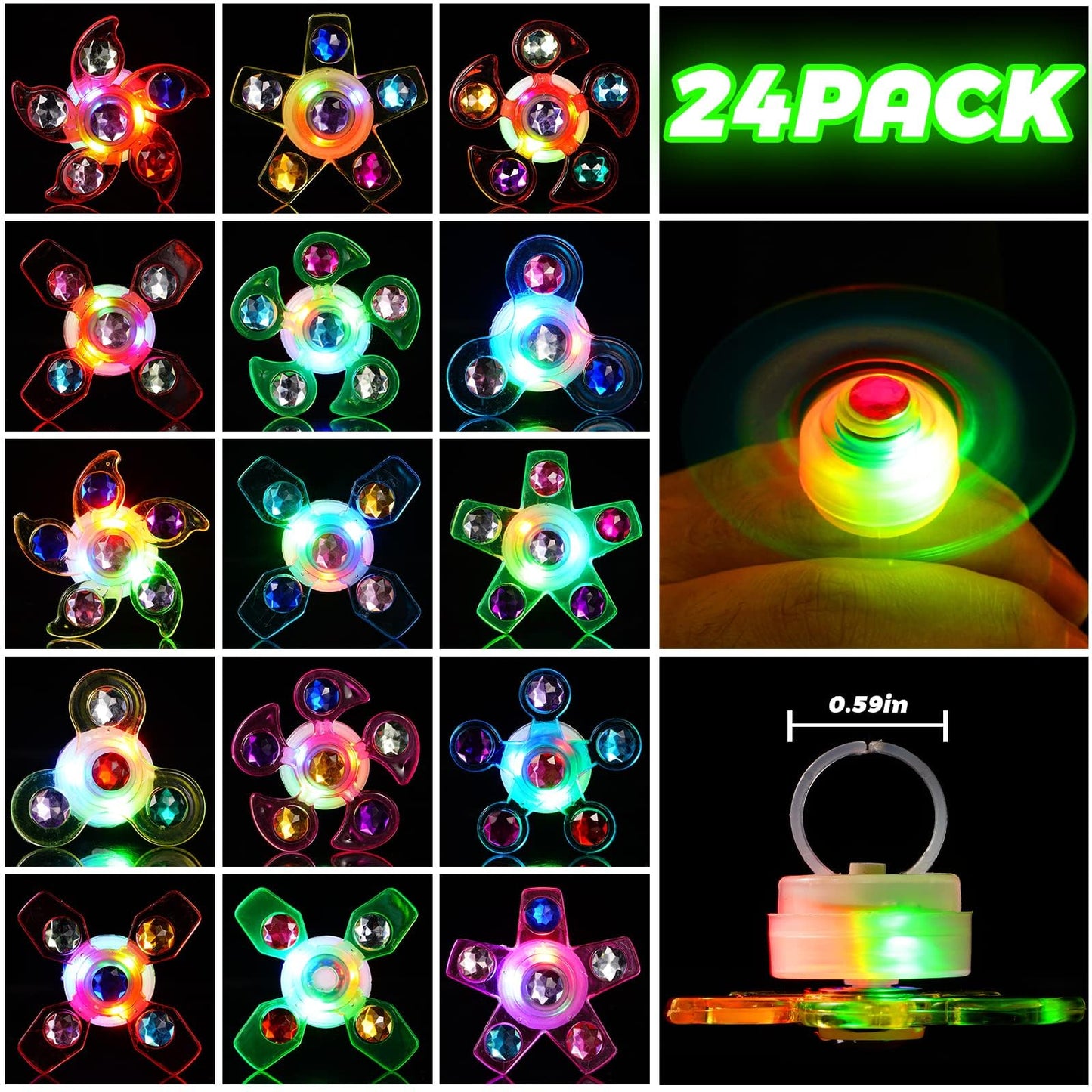 Mikulala 24 PCS LED Light Up Fidget Spinners Rings Halloween Party Favors for Kids 4-8 8-12 Goodie Treat Bag Stuffers Pinata,Birthday Gifts Goodie Bag Stuffers,Glow in The Dark Party Supplies