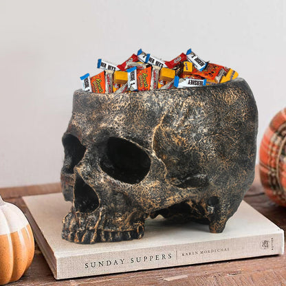 GameXcel Halloween Skull Candy Dish - Large Skull Candy Bowl for Trick or Treat - Skeleton Head Treat Container Planter or Desktop Halloween Decor - Bronze Resin