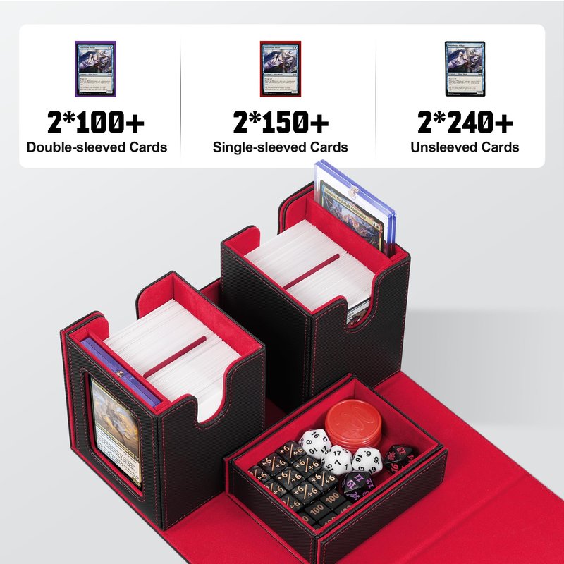 ZLCA Card Deck Box with Commander window Display, MTG Deck Box with Dice Tray Holds 200+ Double-Sleered Cards,Card Storage Case fit for YuGiOh,MTG,Sport (Black&Red)