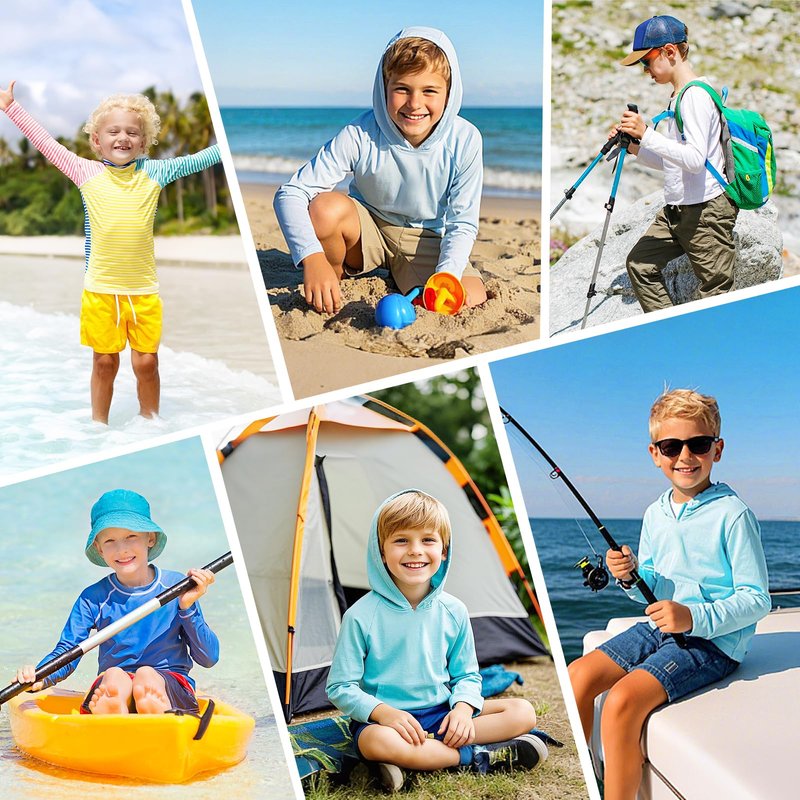 Poekuao Rash Guard for Boys Long Sleeve Hoodie Quick Dry Swim Shirt Youth UPF 50+ Sun Protection Fishing Shirts with Pocket Water Blue M