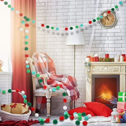 2 Pieces Christmas Felt Ball Garland Pom Pom Garlands Ball Banner for Christmas Party Festivals Decoration (Red, Dark Green, Light Green, White)