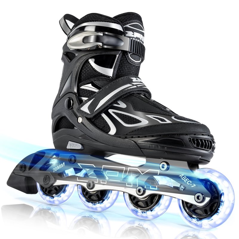 2PM SPORTS Vinal Girls Adjustable Flashing Inline Skates, All Wheels Light Up, Fun Illuminating Skates for Kids and Men - Sliver M