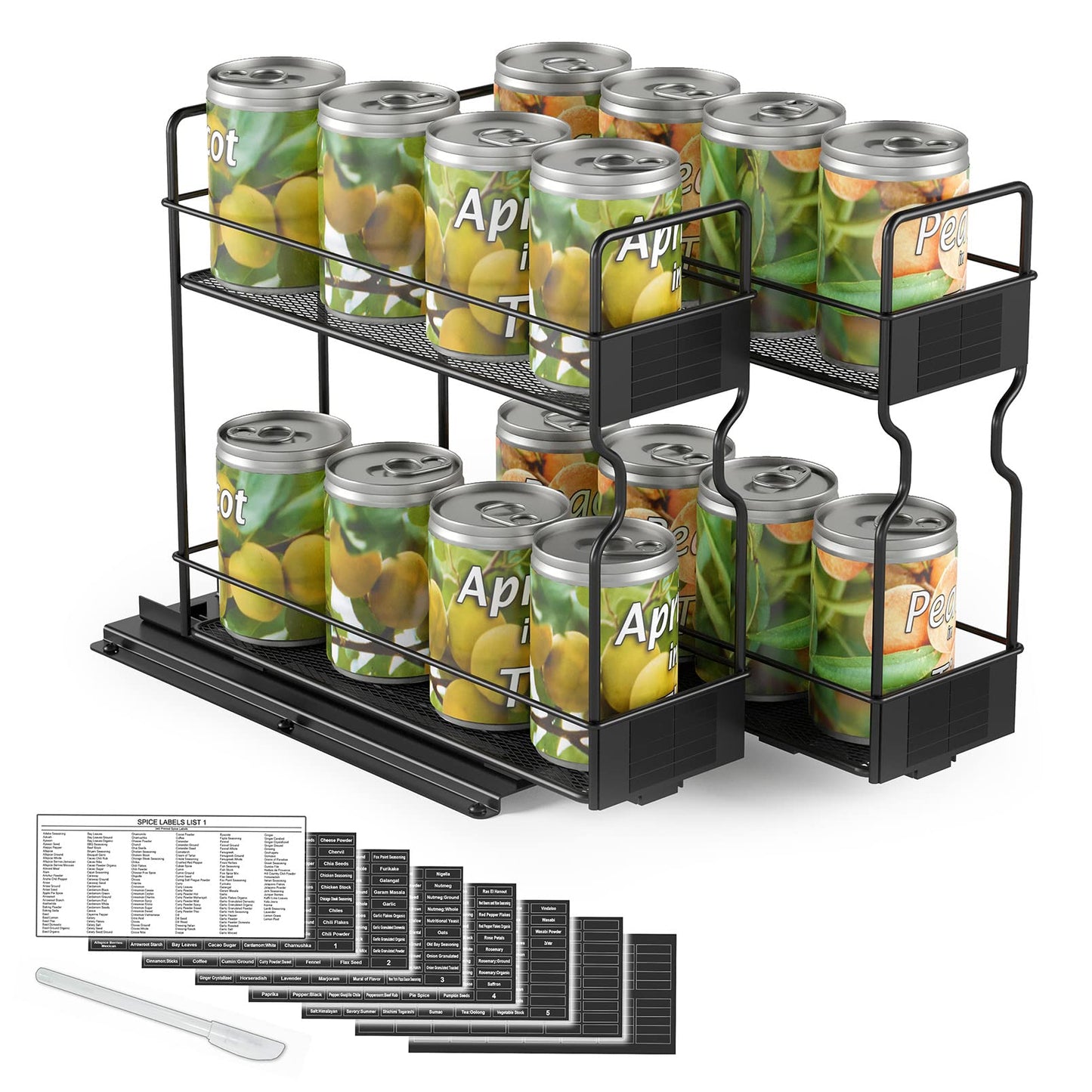SpaceAid Pull Out Spice Rack Organizer for Cabinet, Heavy Duty Slide Out Seasoning Kitchen Organizer, Cabinet Organizer, with Labels, 5.2" W x10.75 D x10 H, 2 Drawers 2-Tier