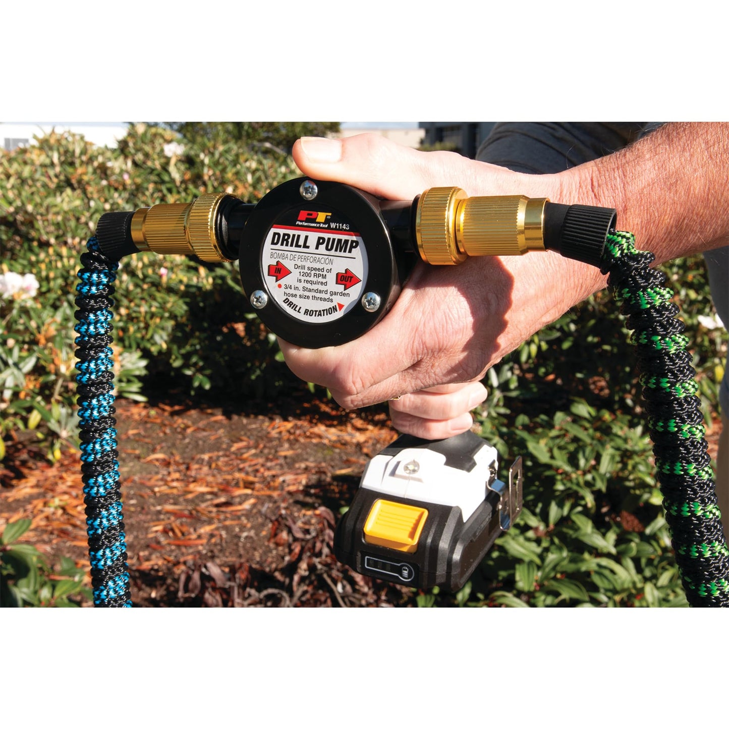 Performance Tool W1143 Liquid Transfer Pump for Corded/Cordless Drills - 225 GPH, 3/4-Inch Max Hose Diameter, Self-Priming, Corrosion-Resistant Shaft