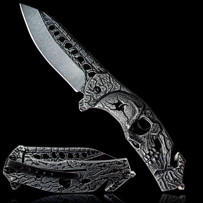 MADSMAUG Pocket Knife, Cool SKULL Pocket Folding Knife with Seatbelt cutter & Window Breaker, Great festival Christmas Gift EDC knife For Men Outdoor Survival Camping (Stone-wash)