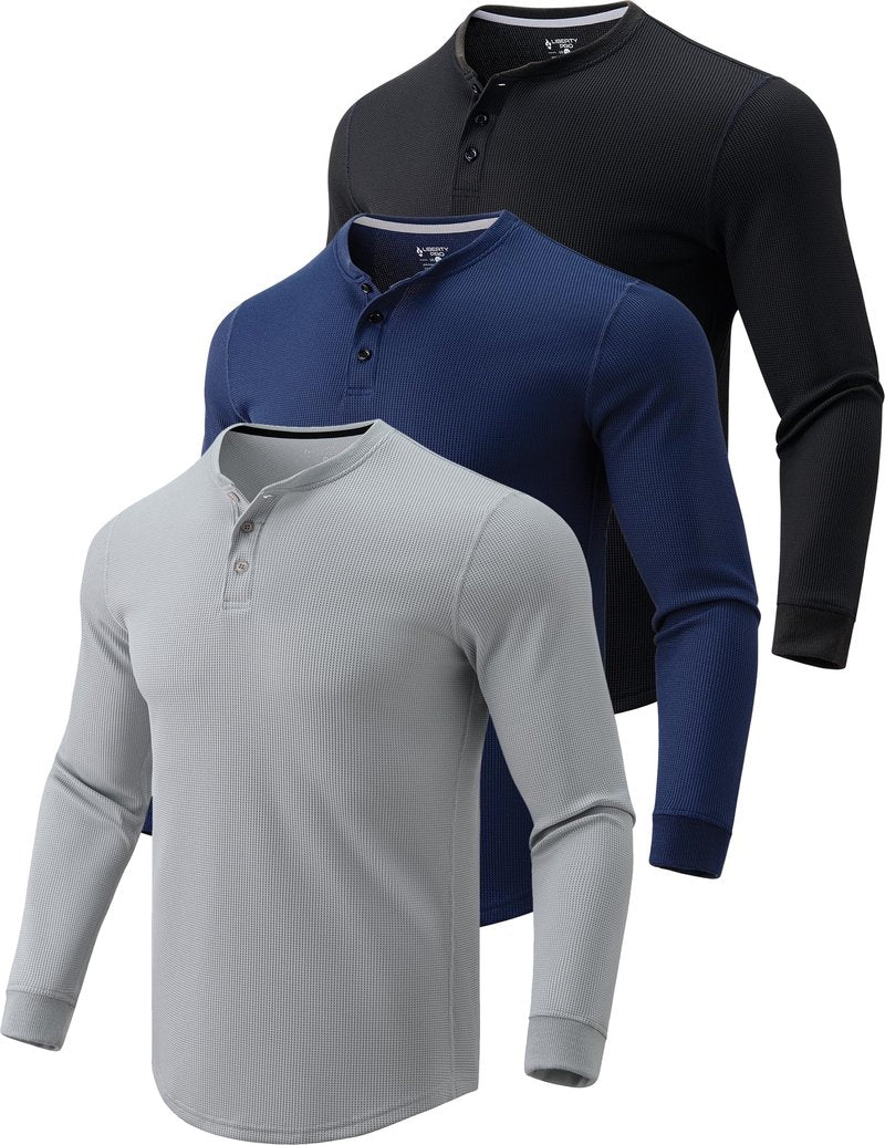 3 Pack Mens Waffle Henley Thermal Long Sleeve Shirts, Casual Fitted Fall Shirts for Men (Set 6, X-Large)