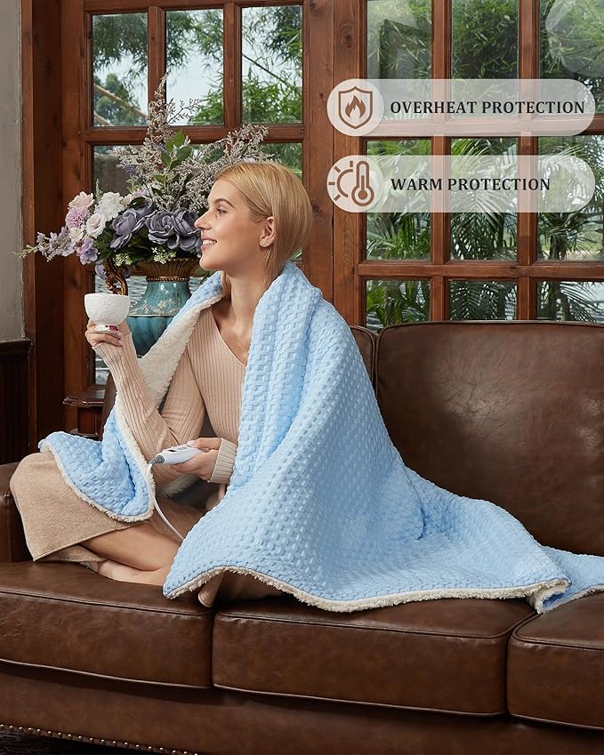 CAROMIO Heated Blanket Throw, Waffle Weave Electric Throw Blanket Fast Heating with LCD Controller, 6 Heat Levels & 4 Hour Auto Shut Off, ETL Certified, Machine Washable, Light Blue, 50" x 60"