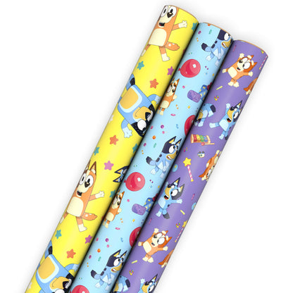Hallmark Bluey Wrapping Paper Rolls for Kids (3 Rolls: 60 Sq. Ft. Total) Purple, Blue and Yellow Gift Wrap for Birthdays, Christmas, Valentine's Day