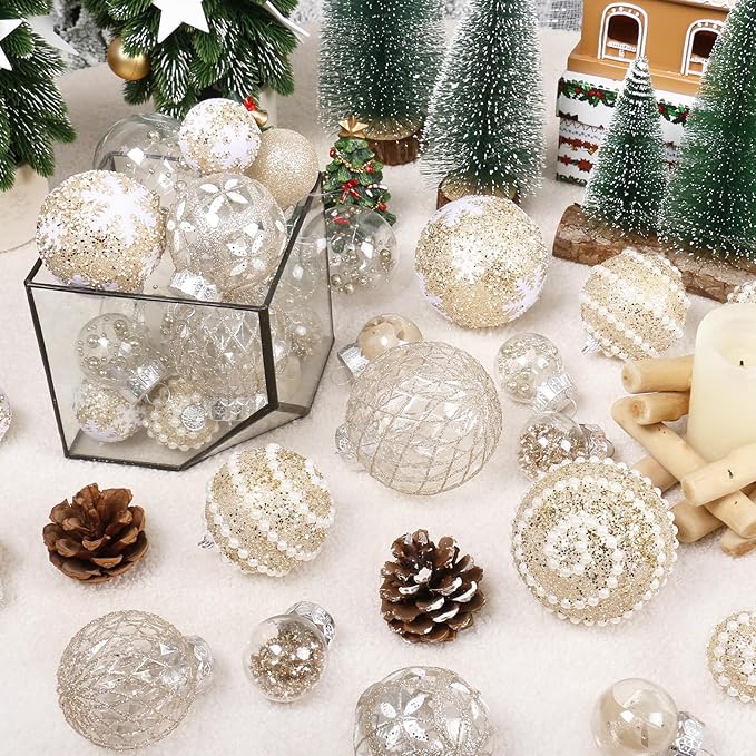 Super Holiday Christmas Ball Ornaments, 33PCS Champagne Clear Shatterproof Plastic Foam Ornaments Set for Hanging Xmas Tree Holiday Thanksgiving Party Decor.