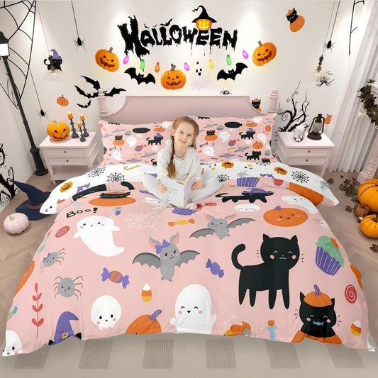 Erosebridal Happy Halloween Bedding Set Twin Size Pumpkin Lantern Duvet Cover, Gothic Comforter Cover Witch Hat Ghost Quilt Cover for Kids Child Halloween Decor Nightmare Before Christmas Decor Pink