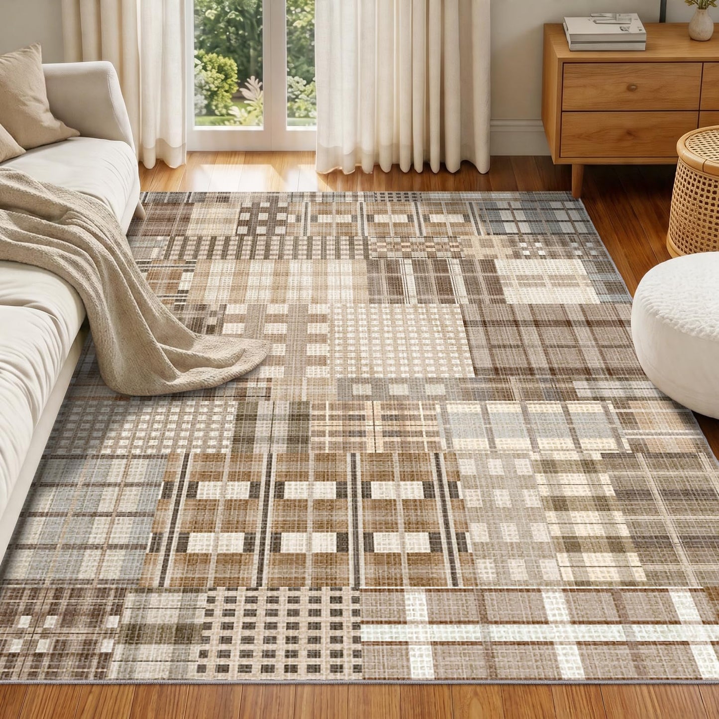 Rezutan Washable Rug 4x6 Plaid Rugs for Bedroom Non-Slip Neutral Floor Mat Indoor Soft Carpet Low Pile Foldable Thin Rugs for Living Room Dining Nursery Office, Caramel Beige Brown Gray