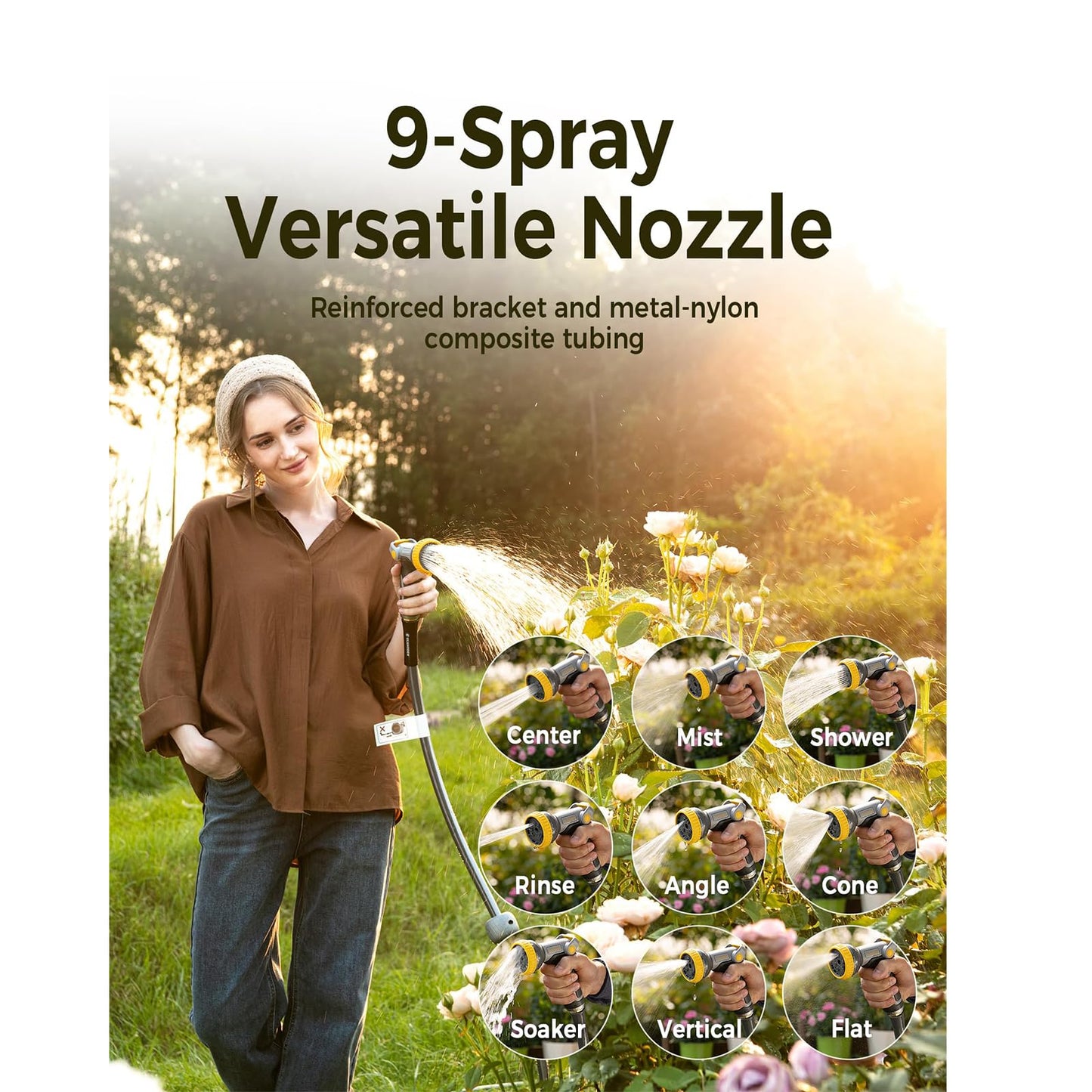 GLAHODEN Retractable Garden Hose Reel 5/8 in x 100 ft Upgraded UV Resistant Heavy Duty Automatic Hose Reel Wall Mount 3/4 in Brass Fitting 9 Pattern Nozzle Any Length Lock Slow Retraction 180° Swivel