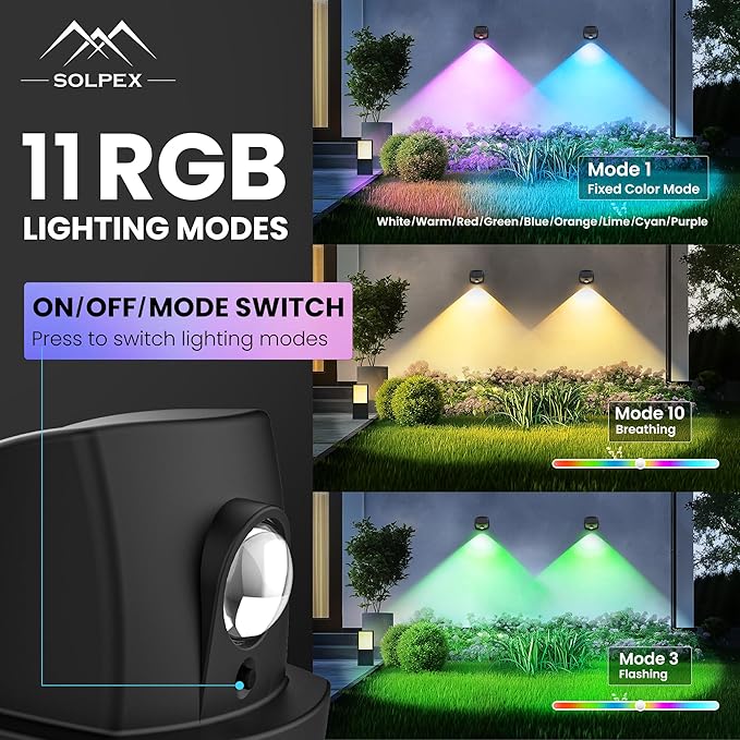 SOLPEX Solar Lights Outdoor Waterproof IP65, Solar Stair Lights Outdoor for Fence, Deck, Step, RGB Multicolor LED 11 Lighting Modes House Wall Light for Porch, Backyard, Fence, Garden Decor-6 Pack