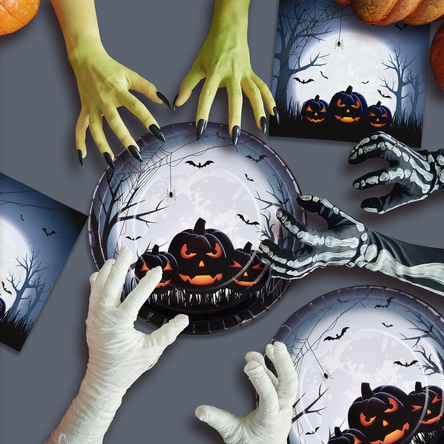 Gatherfun Halloween Party Supplies Anger Black Pumpkin Disposable 10 inch Big Paper Plates and Paper Napkins for Spooky Halloween Party Decorations Serve 50