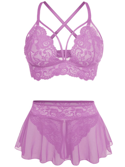 GIEAUAU Lingerie for Women 3 Piece Bralette, Mini Skirt with G-String Lingerie Set Purple M
