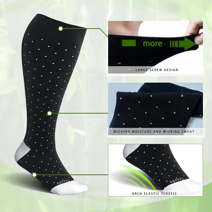 LEVSOX Bamboo Plus Size Compression Socks for Women Men Wide Calf 15-20mmHg Knee High for Pregnancy, Nurse, Travel, 3 Pair-polkadots, 3XL