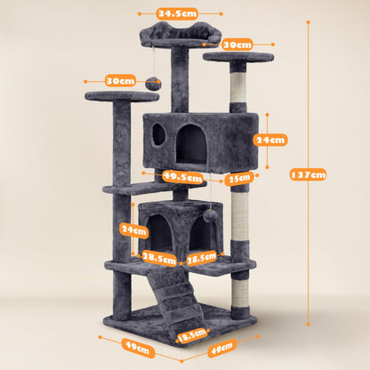 Yaheetech 138.5cm Cat Tree Tower Scratching Posts Multilevel Cat Climbing House with Condos & Ladder Pet Activity Centre for Indoor Kittens, Dark Grey