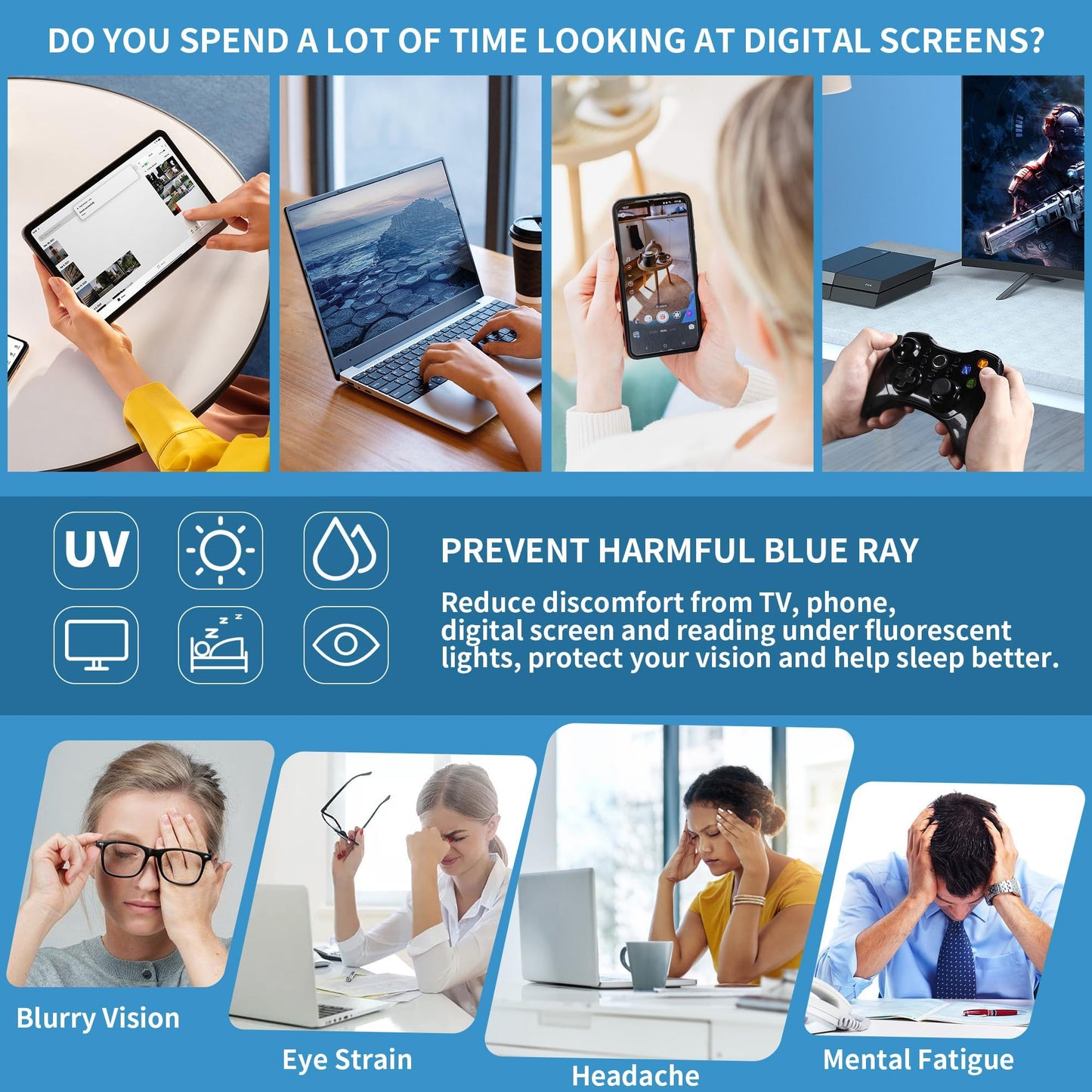 JM Blue Light Blocking Computer Glasses, Square Eye Protect Video Eyeglasses Anti Glare Men Women (Gunmetal Frame Black Temple Tips)