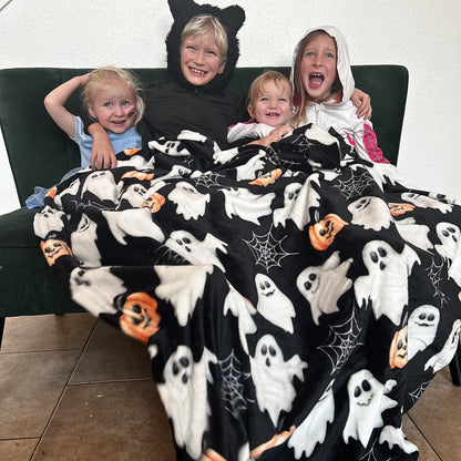 Halloween Throw Blanket: Jack O Lantern Pumpkins White Ghosts and Spiderwebs on Soft Black Velvet Fleece for Sofa, Couch, Chairs and Bed