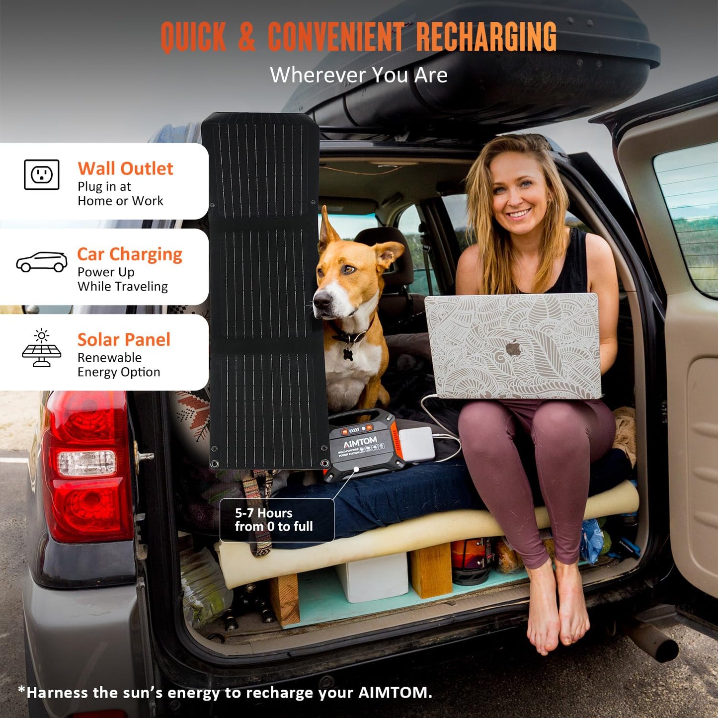 AIMTOM 155Wh Portable Power Station with 30W Solar Panel – 150W Peak/110V AC, 18W USB-C, 2x USB-A & 12V DC – Solar Generator for Camping, Home, RV, Travel & Emergencies