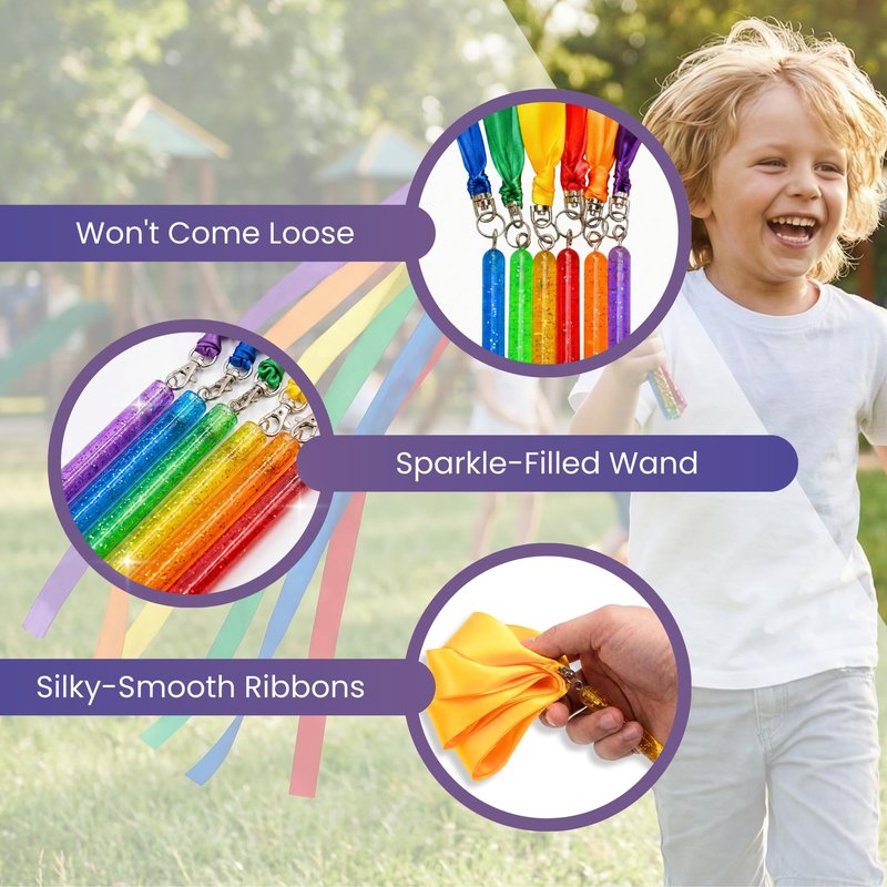 GSI Multicolor Sparkling Gymnastic Ribbon Wands [6 Pack] with 9 inch Stick and 1 Meter Ribbon for Gym, Training, Circus, Dance, Baton Twirling, Dancing Streamers (Pack of 6)