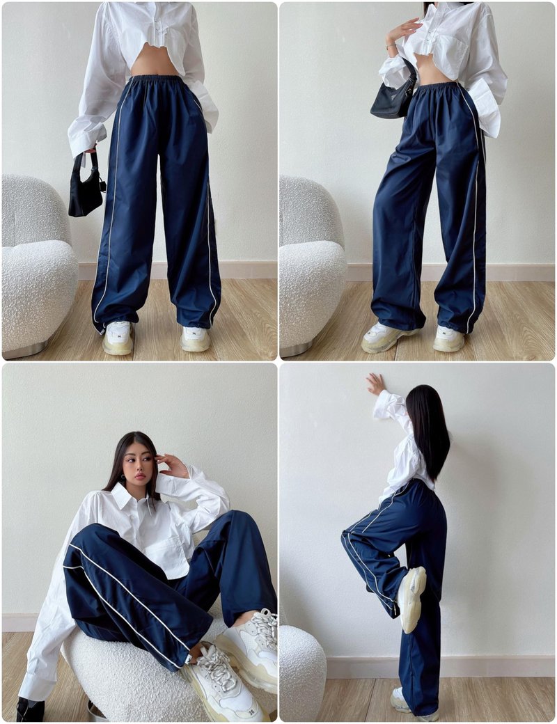 Springrain Womens Wide Leg Track Pants Slouchy Stripe Detail Jogger Sweatpants with Pockets(Navy-M)