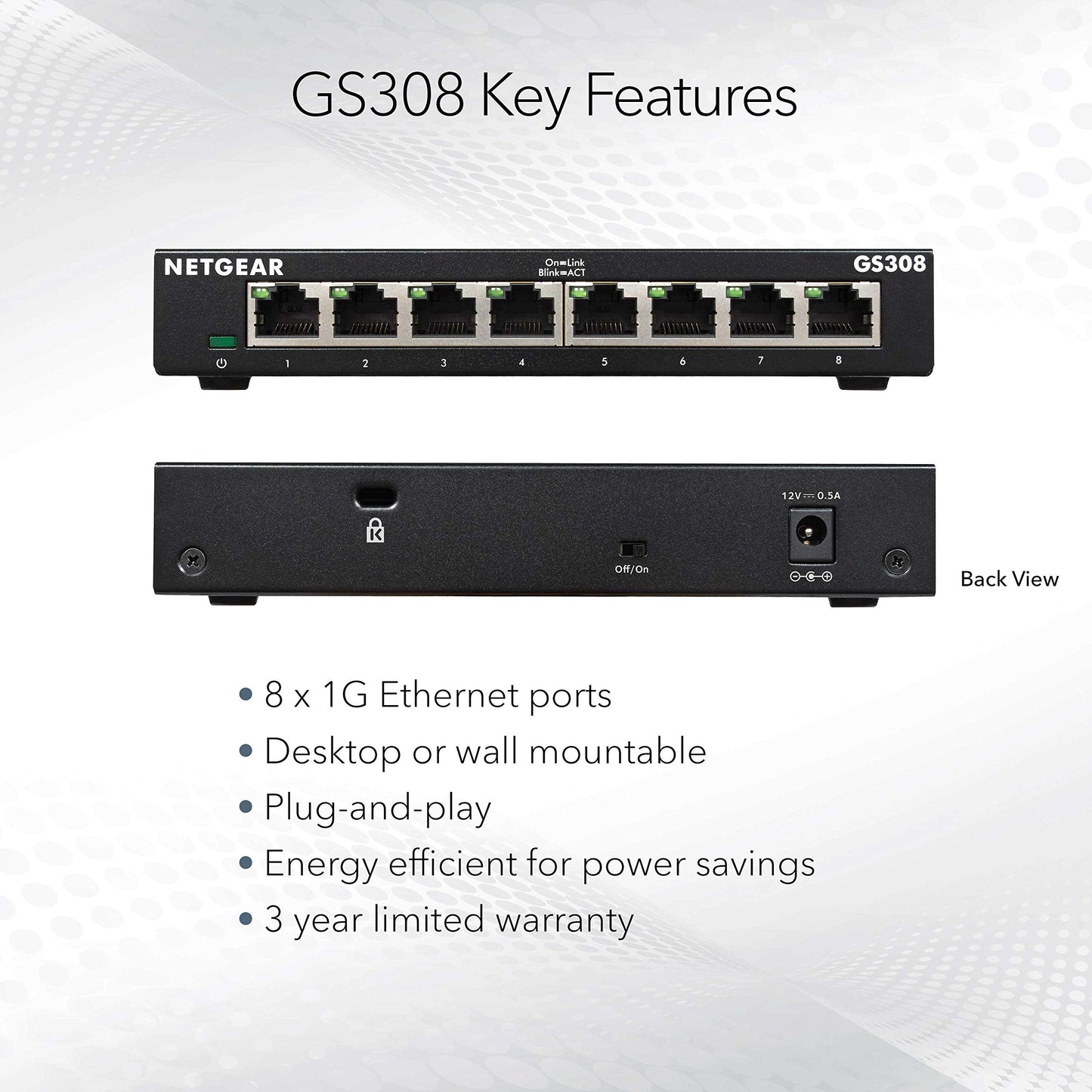 NETGEAR 8 Port Gigabit Network Switch (GS308) - Ethernet Switch - Ethernet Splitter - Plug-and-Play - Silent Operation - Desktop or Wall Mount