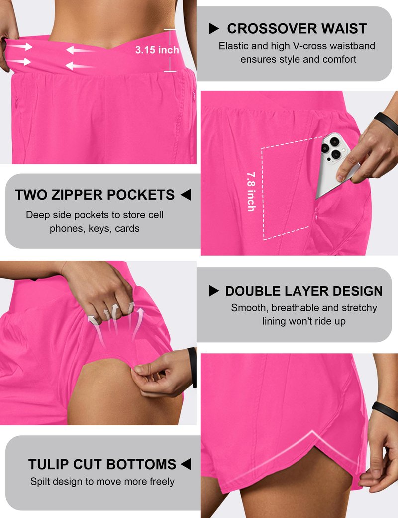 Blooming Jelly Women's Workout Shorts Athletic Running Elastic High Waisted Black Tummy Control Shorts with Zipper Pockets (Hot Pink,XX-Large)