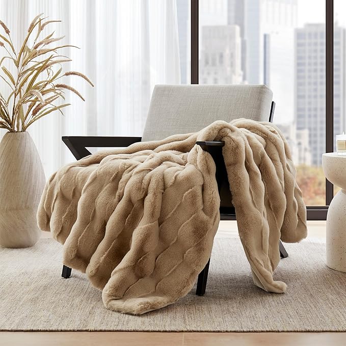 Madison Park Luxuriously Cozy Soft Long Faux Fur Basketweave Blanket, Reversible Soft & Snuggly Velvet Throw, Lightweight, Breathable, All Season, Trendy Room Décor, 50x60, Tan