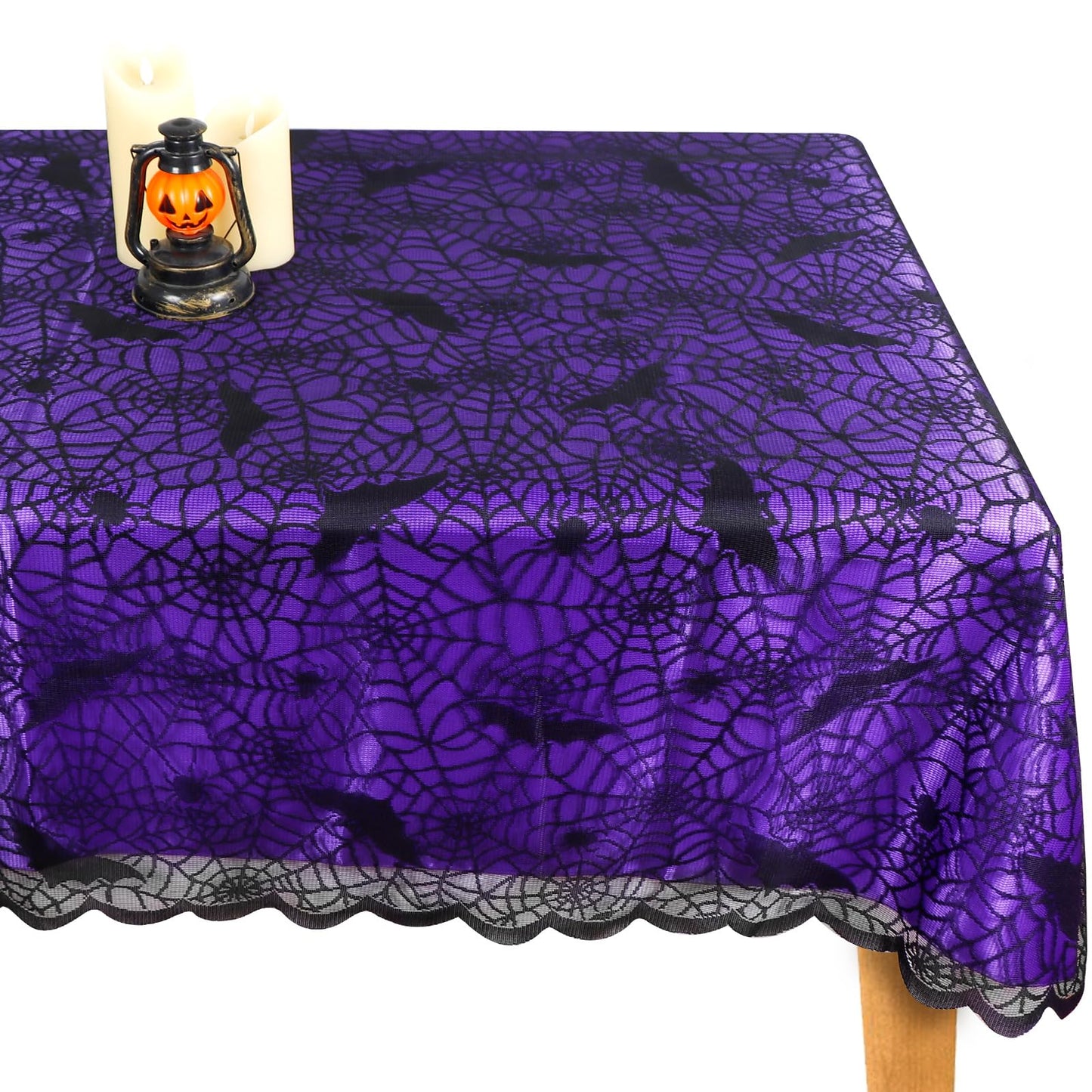 OurWarm 2PCS Halloween Tablecloth, Rectangular Polyester Black Lace & Purple Lined Tablecloth, Spider Web Table Cover for Scary Halloween Table Decorations, 60 x 84 Inch
