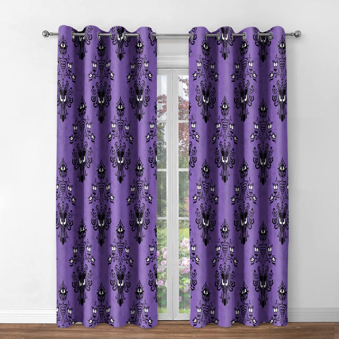 Jekeno Halloween Blackout Curtains Horror Spooky Drapes Haunted House Mansion Decor Home Bedroom Living Room Darkening Purple Grommet Window Drapes 2 Panel Set, 52"x84"